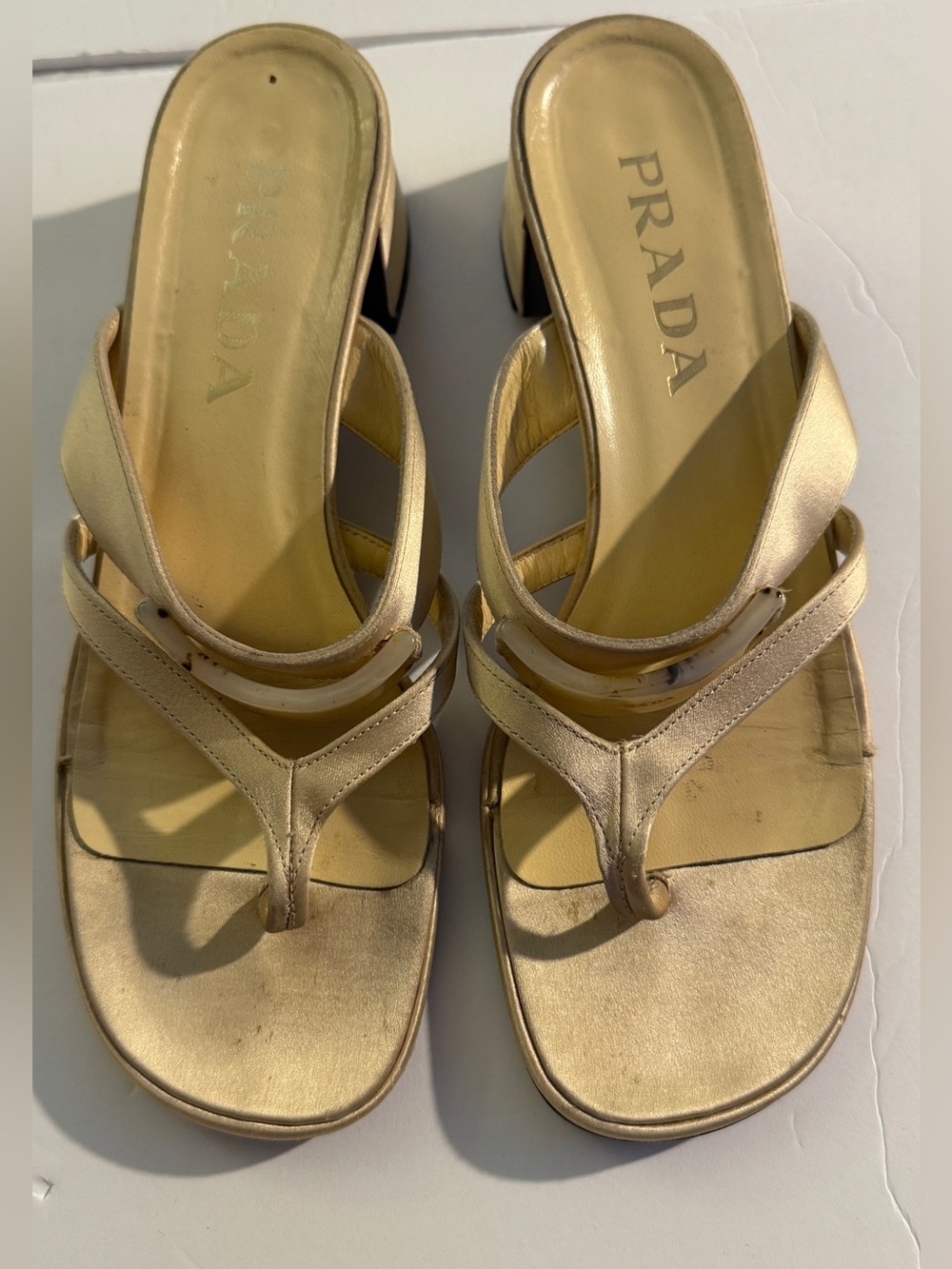 Prada Metallic Gold Leather Thong Mules size 38